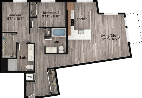 Floor plan for 2 beds, 1 bath, 806 sqft